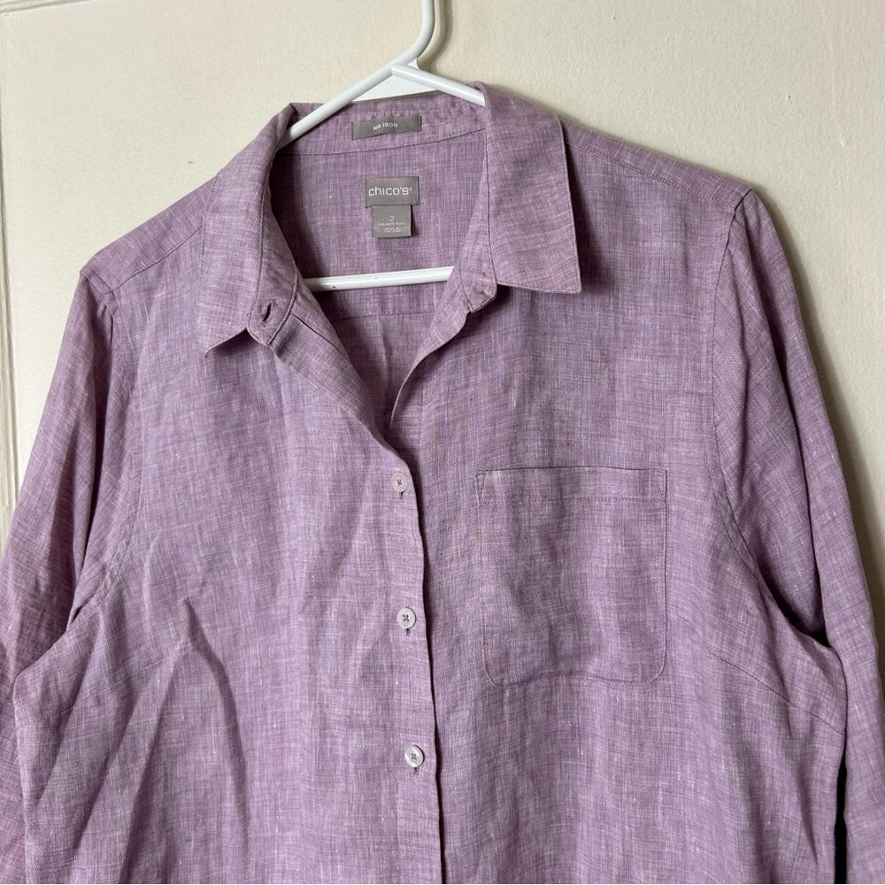 Chicos light purple no iron linen button up half sleeve shirt womens 12/14  2 - Picture 3 of 8